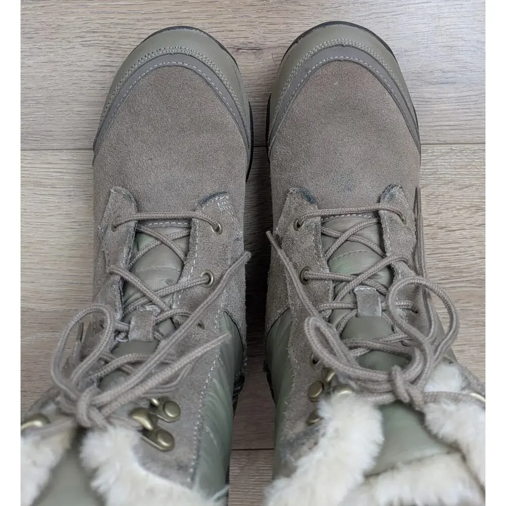 Easy Spirit Eserle Winter Boots 8.5 Taupe Suede Faux Fur Trim Side Zip Lace Up